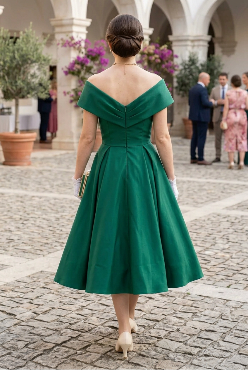 Off-the-Shoulder Pleated Midi A-Line Dress