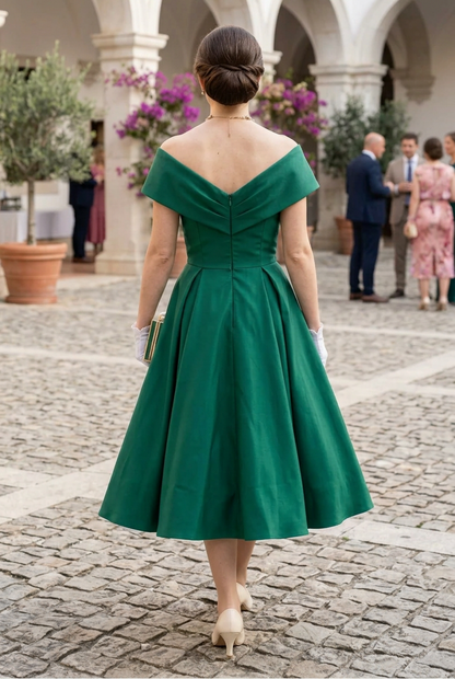 Off-the-Shoulder Pleated Midi A-Line Dress