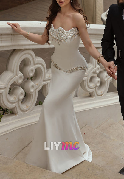Strapless Pearl Beaded Mermaid Wedding Gown