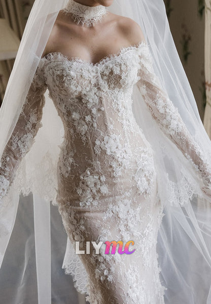 Off-Shoulder Lace Mermaid Wedding Gown with 3D Florals