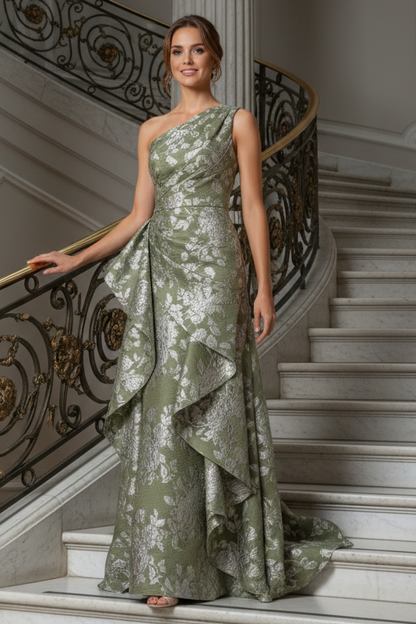 One-Shoulder Floral Jacquard Gown with Ruffle Drape