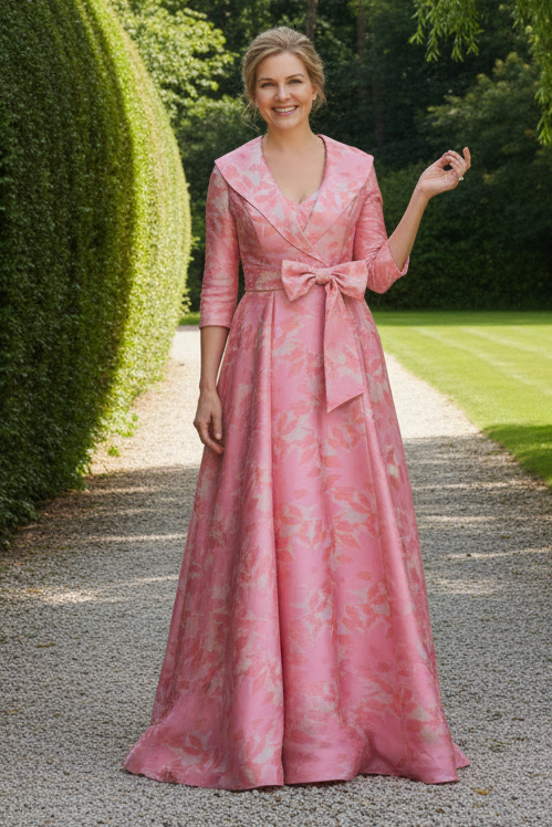 Metallic Floral Jacquard A-Line Evening Gown