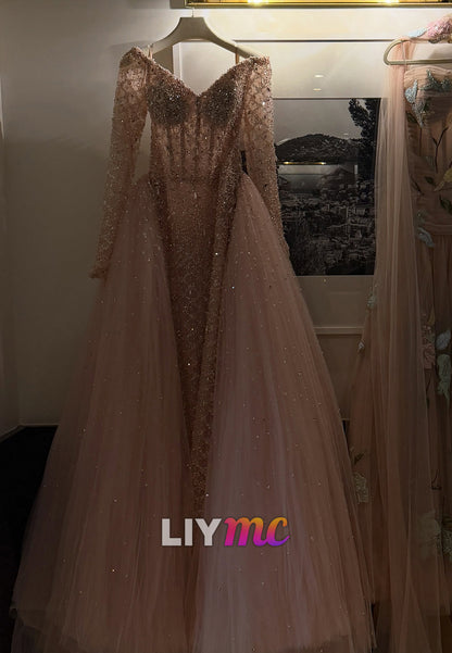 Beaded Sheath Gown with Tulle Overskirt