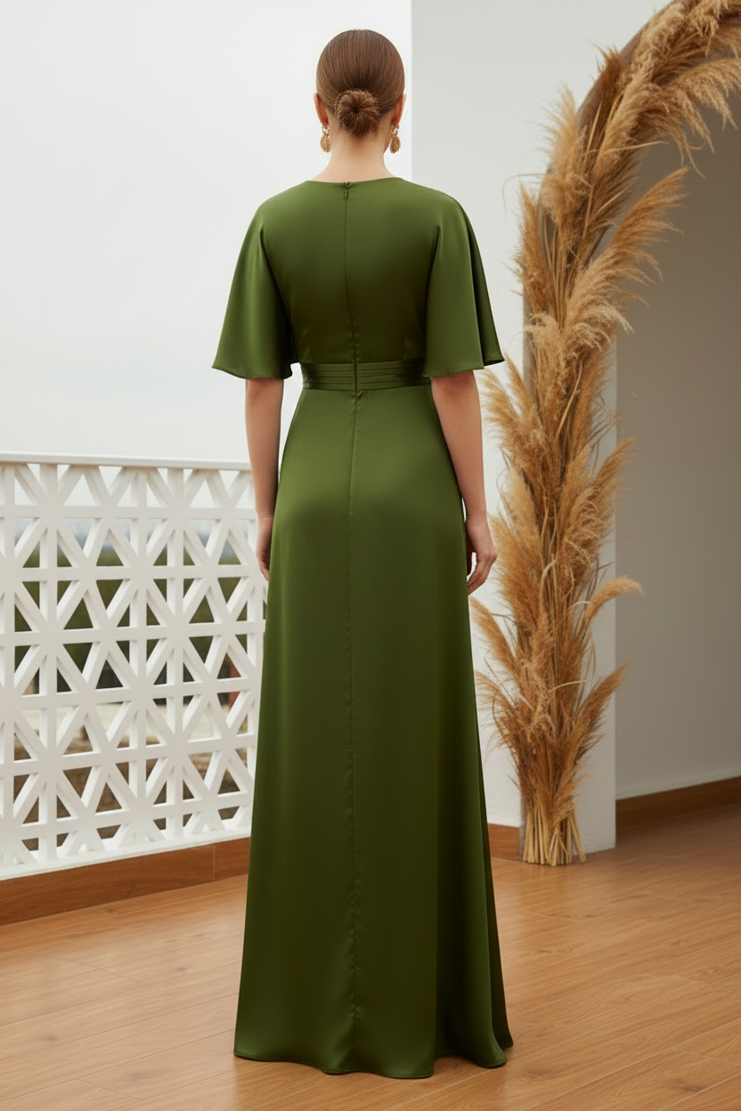 Flutter Sleeve Satin Wrap Evening Gown