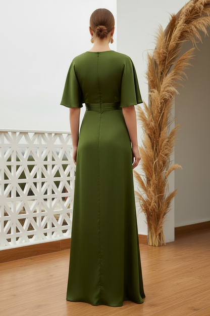Flutter Sleeve Satin Wrap Evening Gown
