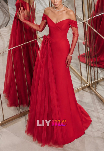 Off-Shoulder Gown with Tulle Side Drape
