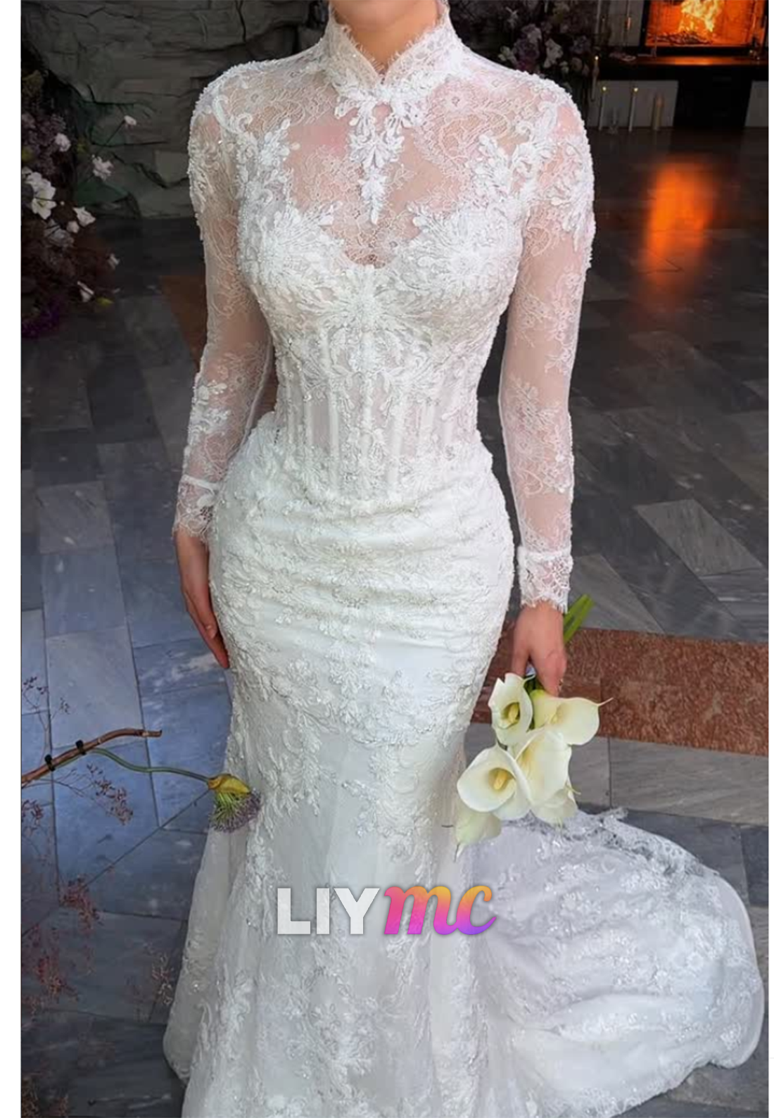 High Neck Lace Mermaid Wedding Dress with Long Sleeves