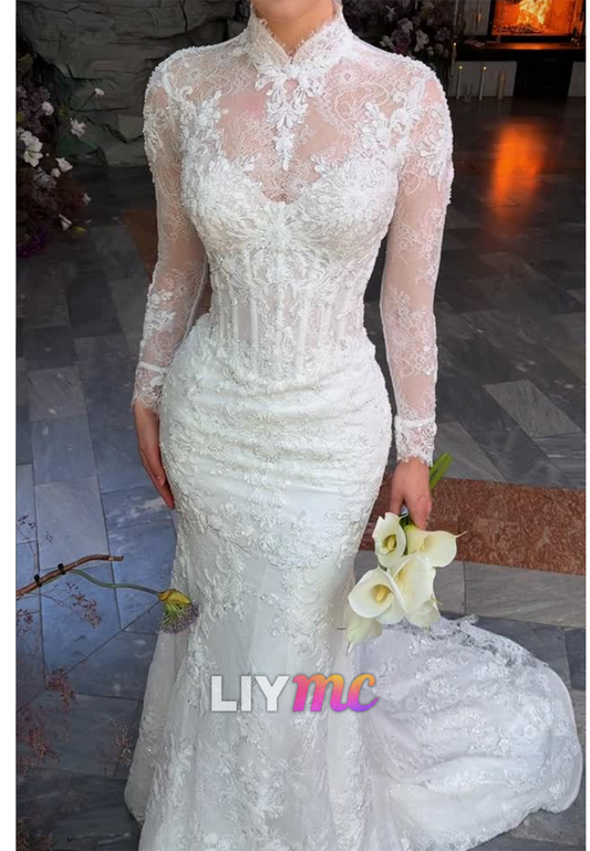 High Neck Lace Mermaid Wedding Dress with Long Sleeves