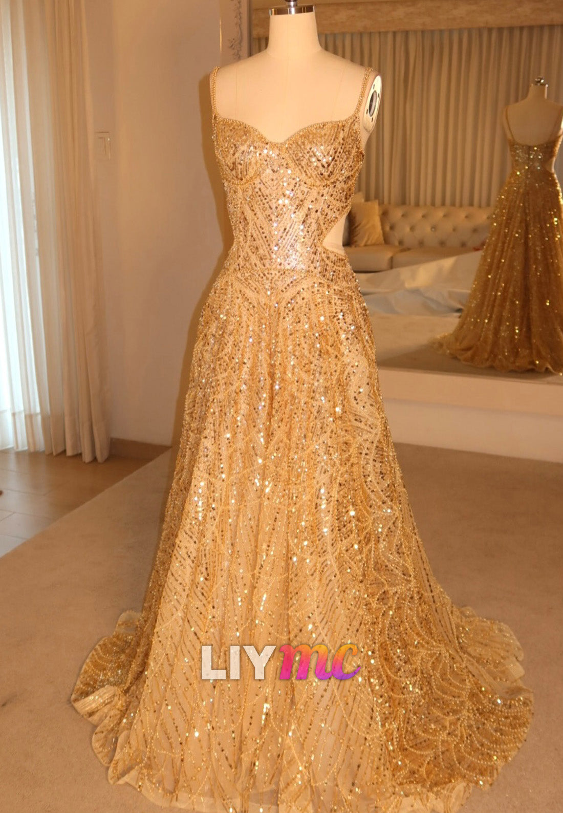 Sequined Cutout A-Line Gown with Train