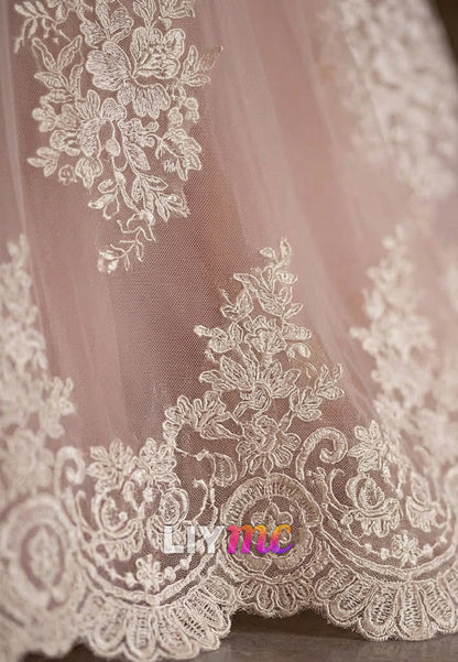 Lace Puff-Sleeve Empire A-Line Gown