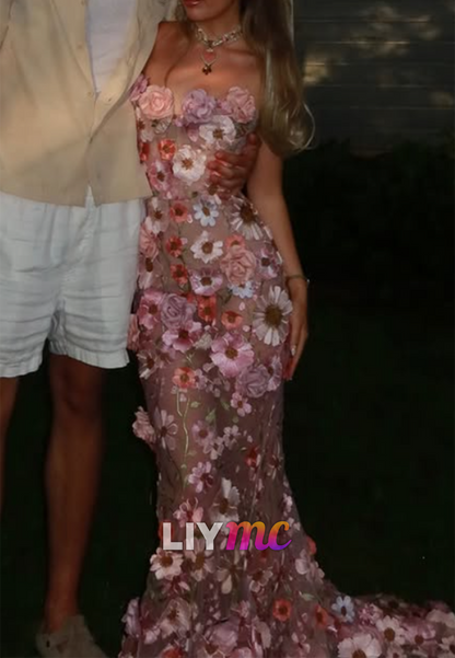 Strapless 3D Floral Mermaid Evening Gown