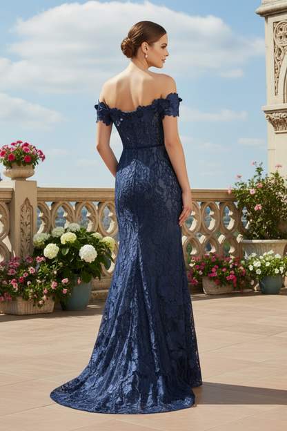 Off-the-Shoulder 3D Floral Lace Mermaid Gown