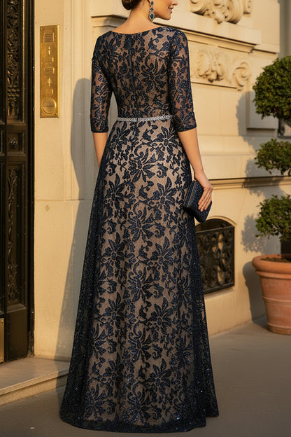 Floral Lace A-Line Evening Gown with 3/4 Sleeves