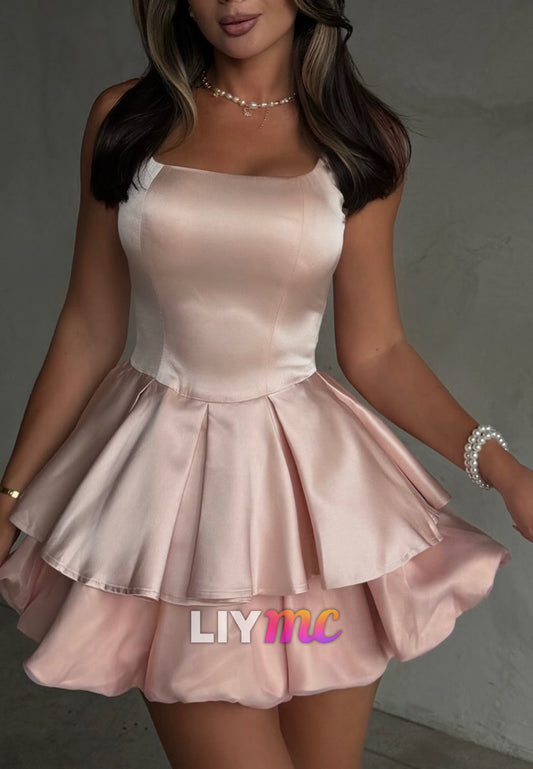Square Neck Tiered Ruffle Satin Mini Party Dress