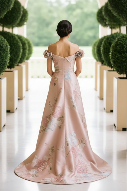 Off-Shoulder Floral Embroidered A-Line Evening Gown