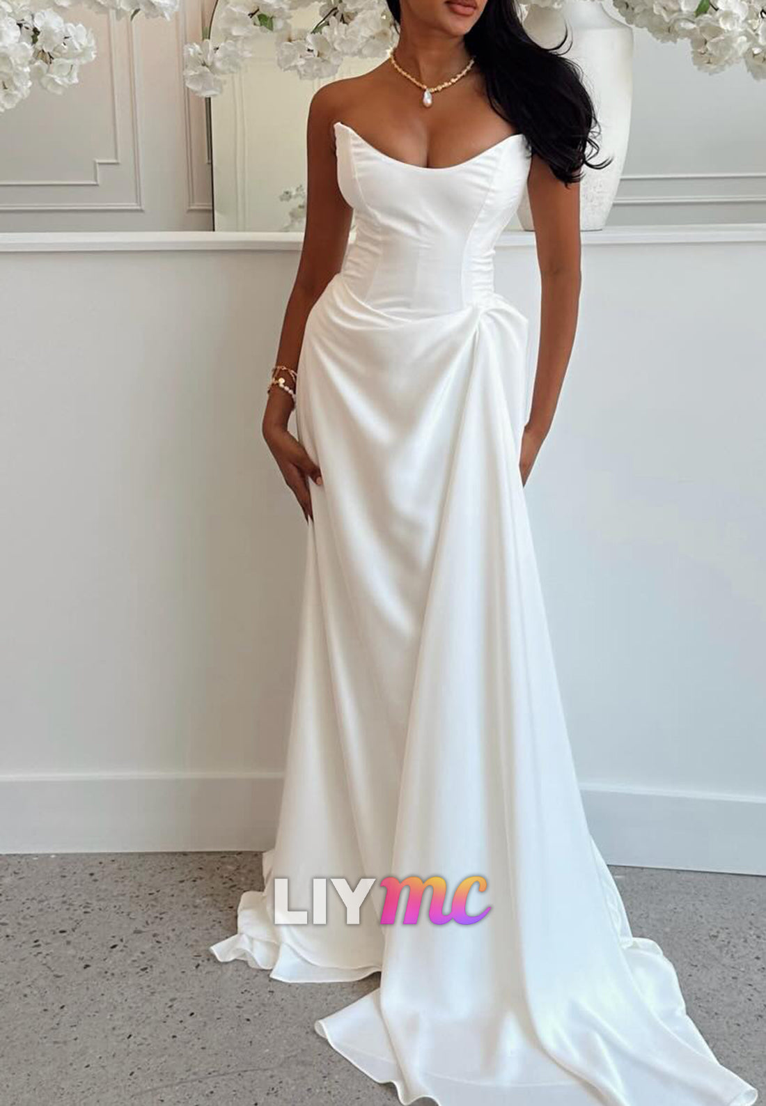 Strapless Satin A-Line Wedding Gown with Lace-Up Back