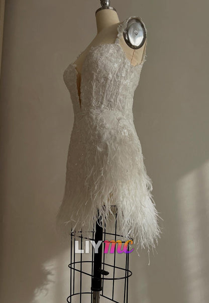Floral Appliqué Feather Trim Deep V Mini Dress