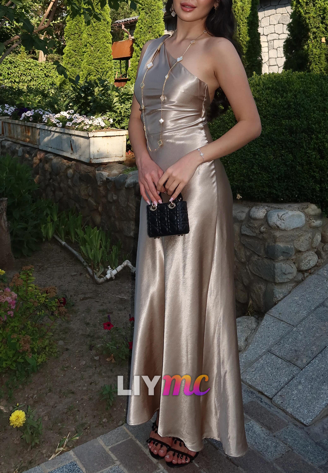 One-Shoulder Satin Slip Evening Gown with Open Back
