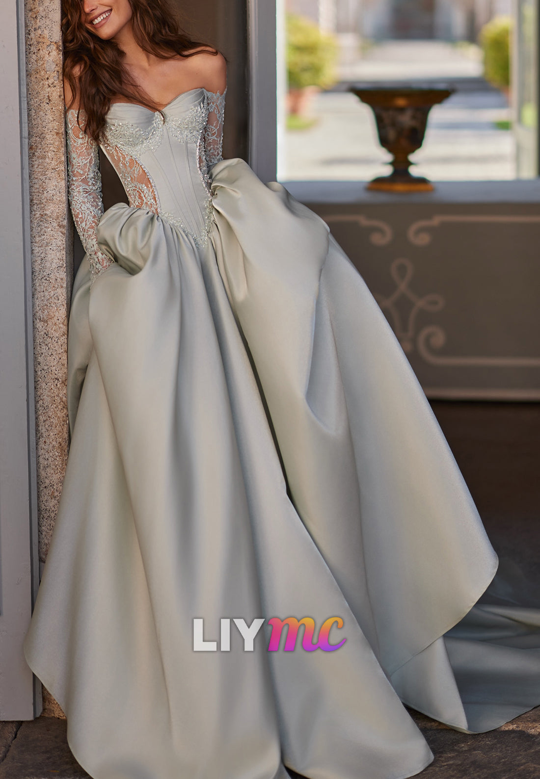 Off-the-Shoulder Corset Ball Gown with Lace Sleeves