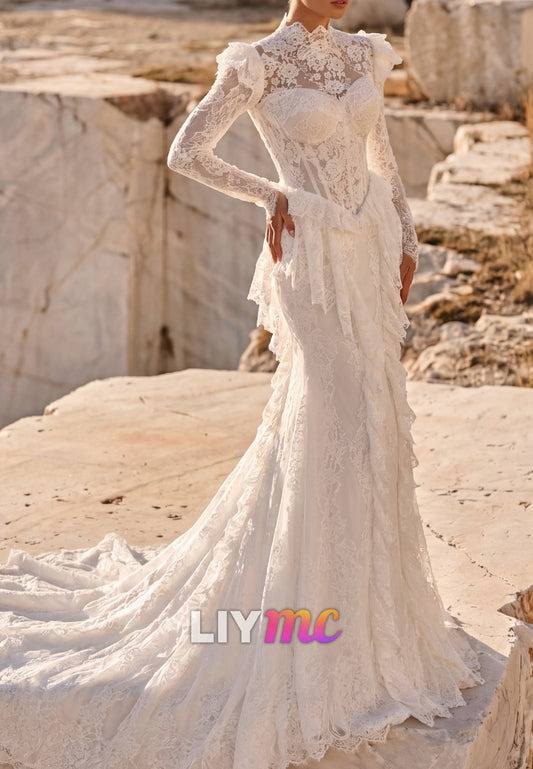 Long Sleeve Lace Mermaid Wedding Dress with Open Back
