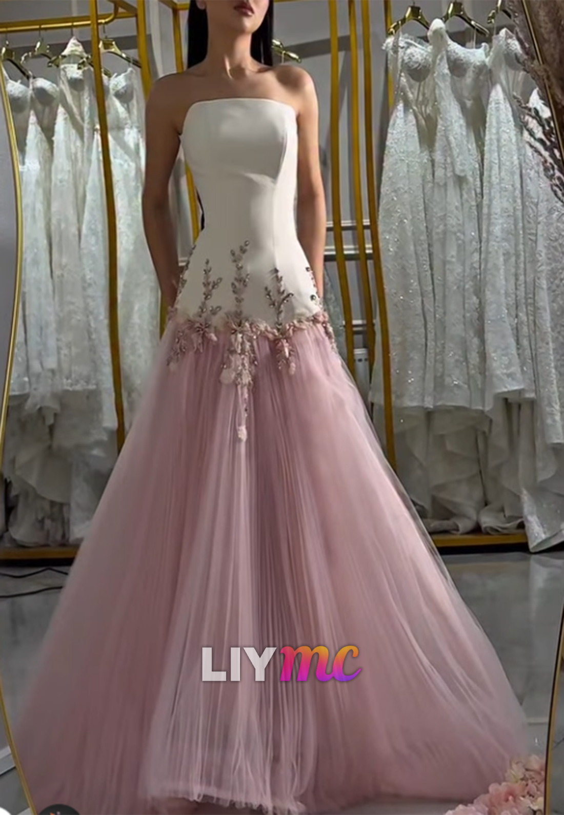 Strapless Two-Tone Tulle Ball Gown with Floral Appliques