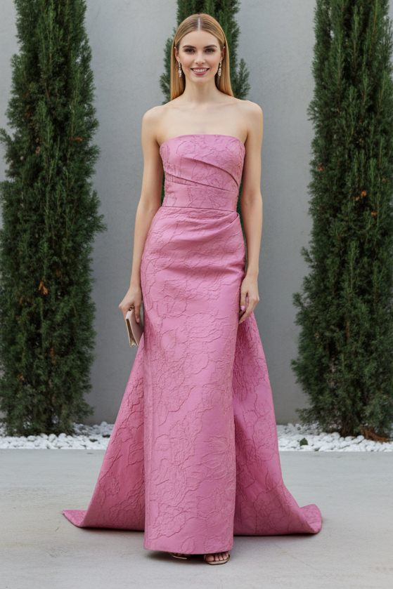 Strapless Jacquard Gown with Train