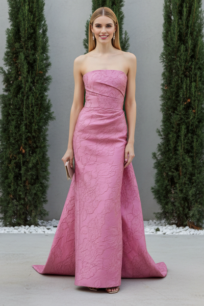 Strapless Jacquard Gown with Train