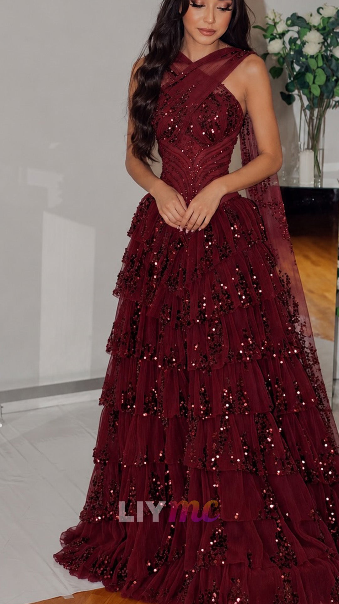 Tiered Sequin Tulle Ball Gown with Crisscross Neck