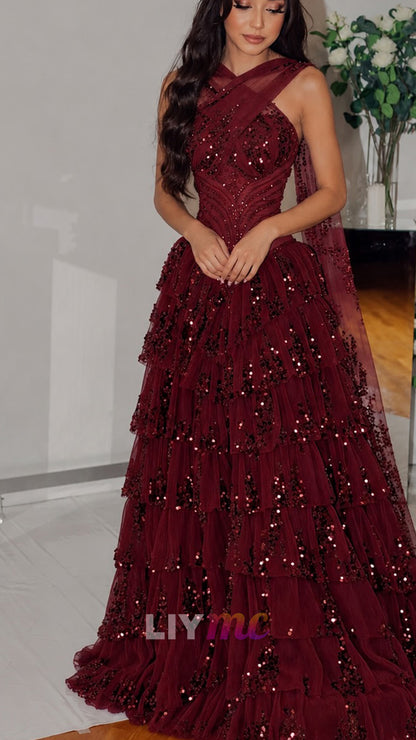 Tiered Sequin Tulle Ball Gown with Crisscross Neck