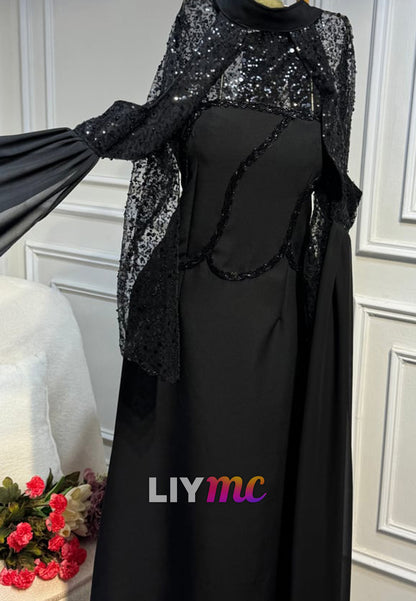 High Neck Sequin Bodice Gown with Cape Sleeves