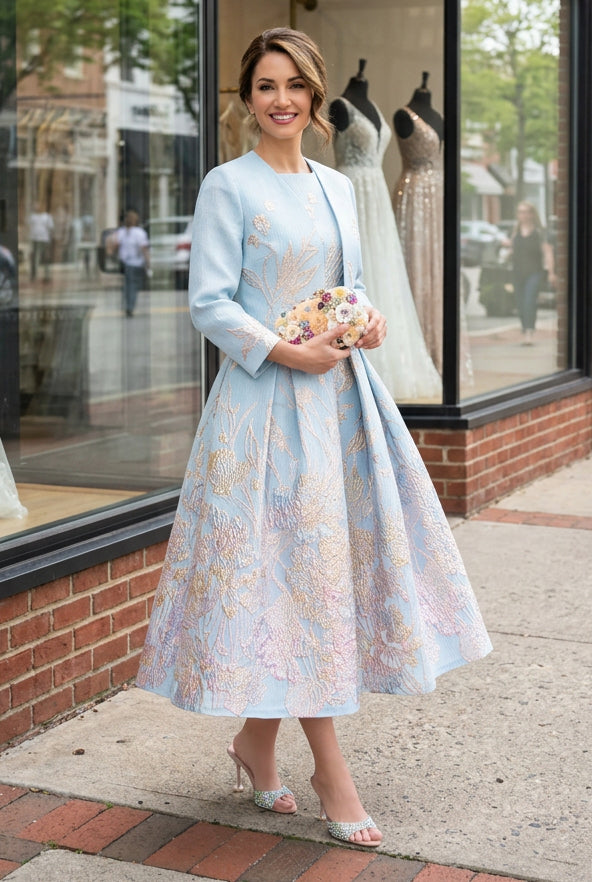 Metallic Jacquard Dress and Jacket Set