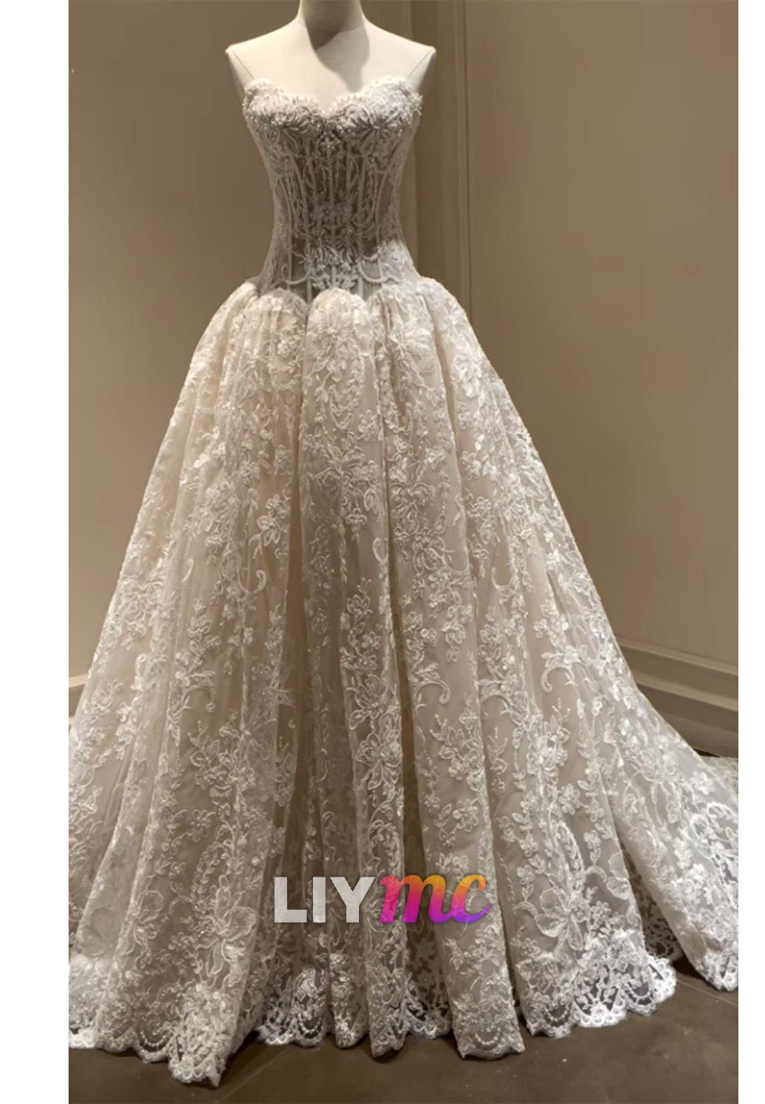 Strapless Lace Corset Bodice Ball Gown Wedding Dress