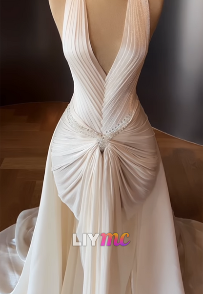 Pleated Halter Deep V-Neck Evening Gown