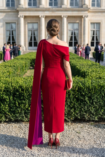 One-Shoulder Column Midi Dress with Cape Sleeve