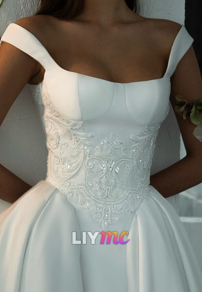 Off-the-Shoulder Satin Wedding Gown with Beaded Lace Waist