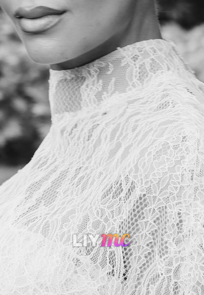 High Neck Lace Sheath Wedding Dress with Capelet