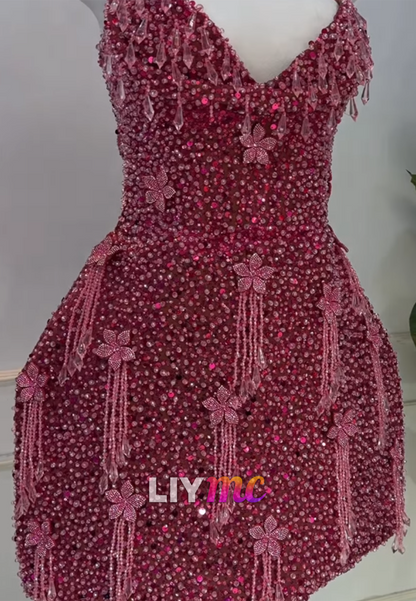 Halter Neck Beaded Mini Dress with 3D Flowers