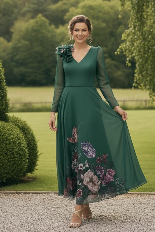Floral Print A-Line Midi Dress with 3D Flower Accent
