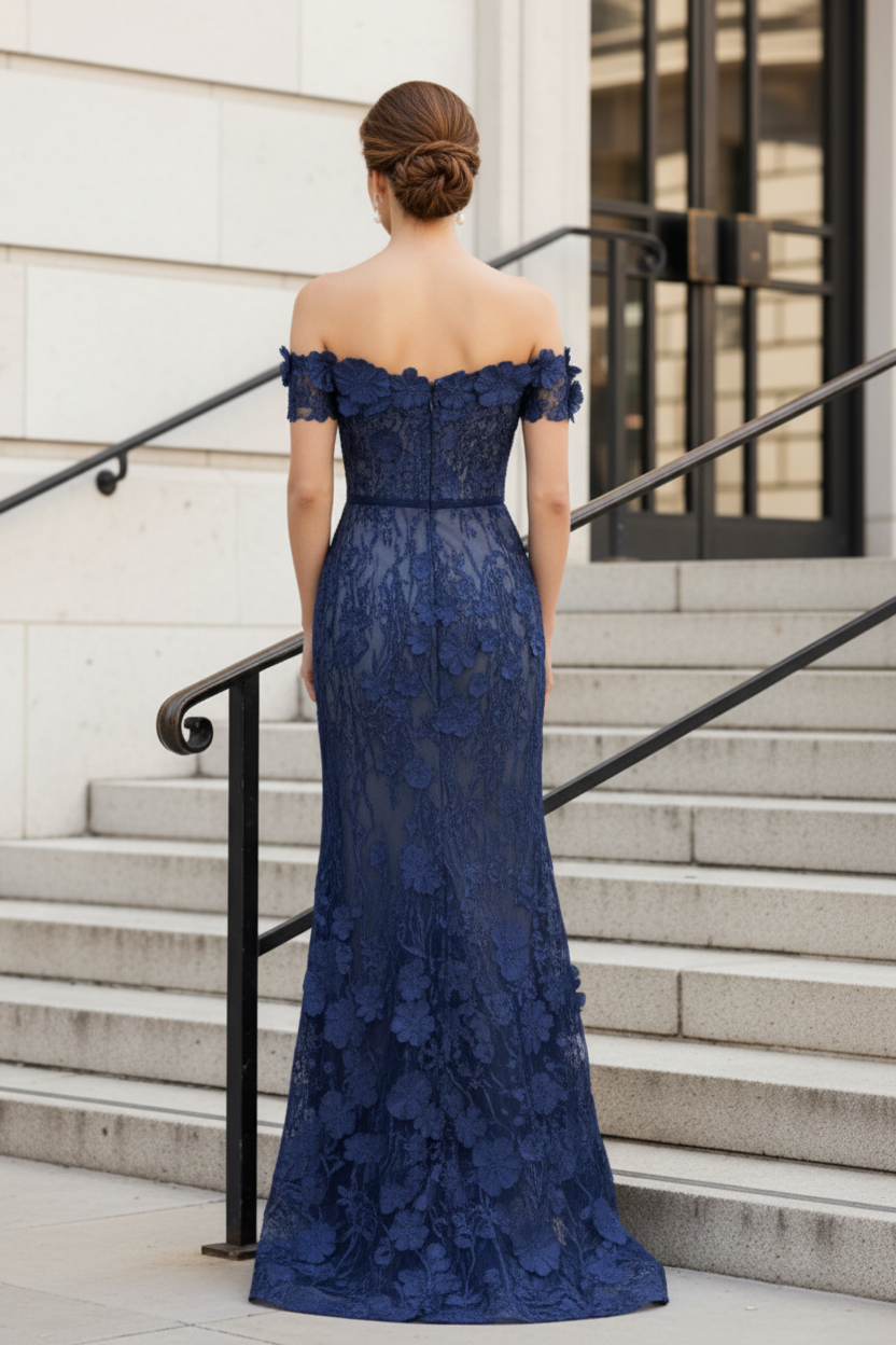 Off-the-Shoulder 3D Floral Lace Mermaid Evening Gown