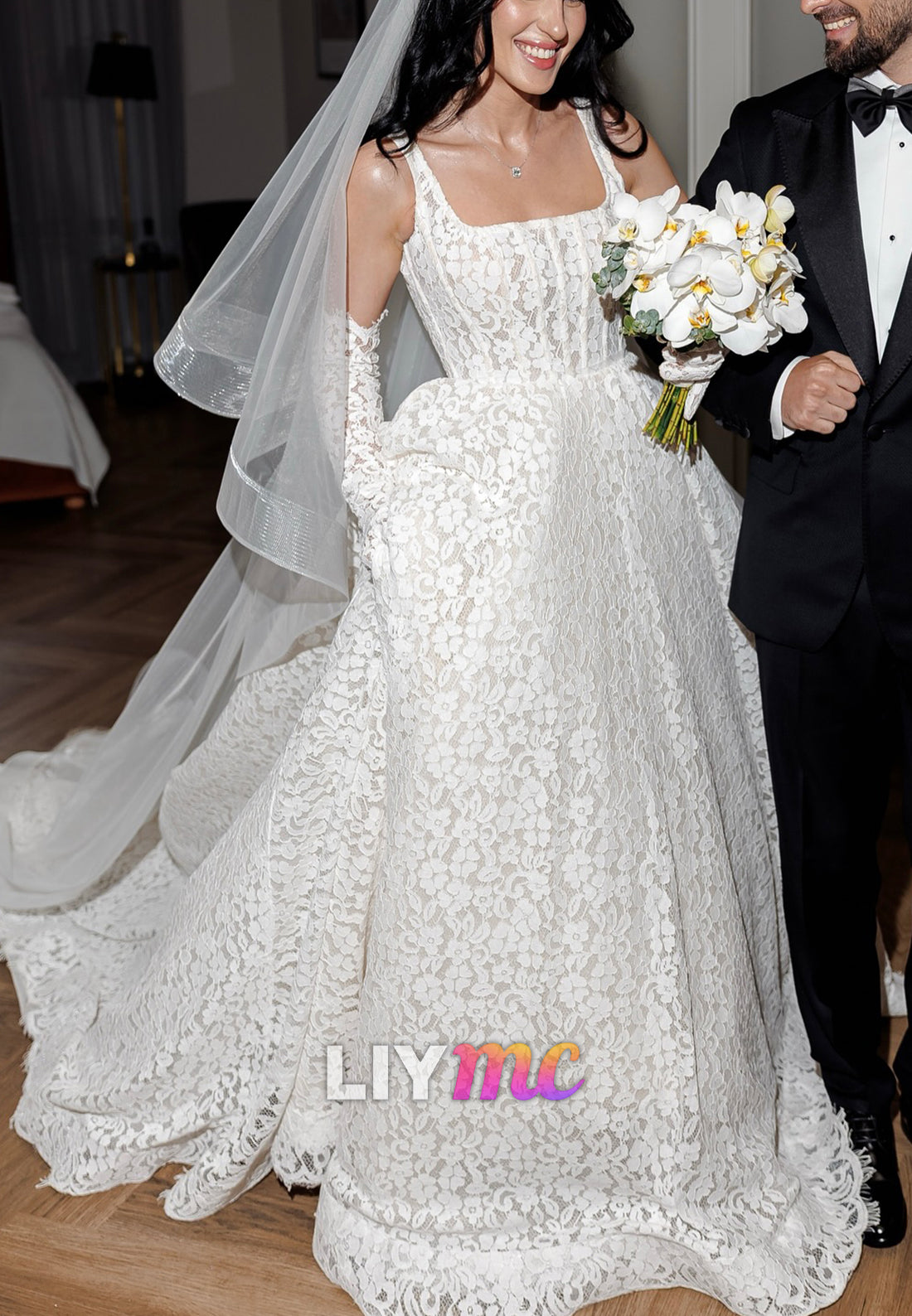 Lace A-Line Wedding Dress with Long Gloves & Veil