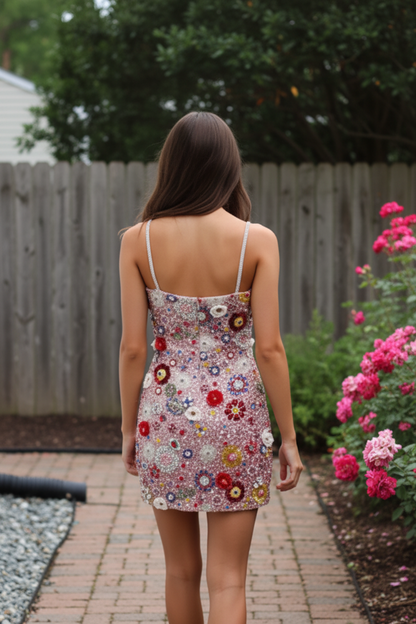 3D Floral Embellished Sequin Mini Dress