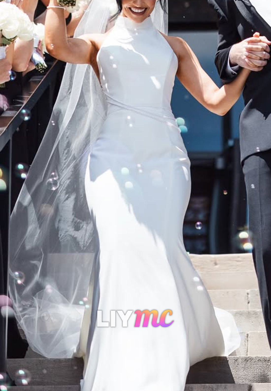 High Neck Mermaid Wedding Dress with Sweep Train