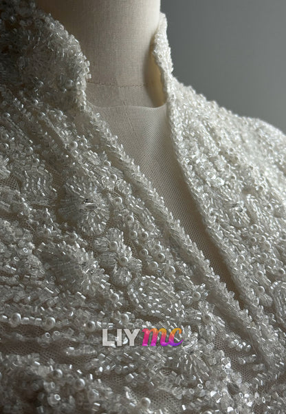 Long Sleeve High Neck Beaded A-Line Wedding Dress