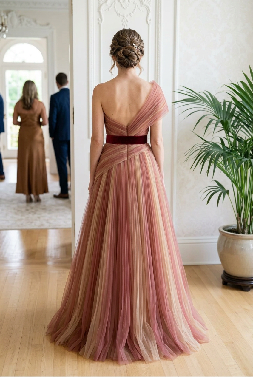 Pleated Tulle Asymmetrical Gown with Belted Waist