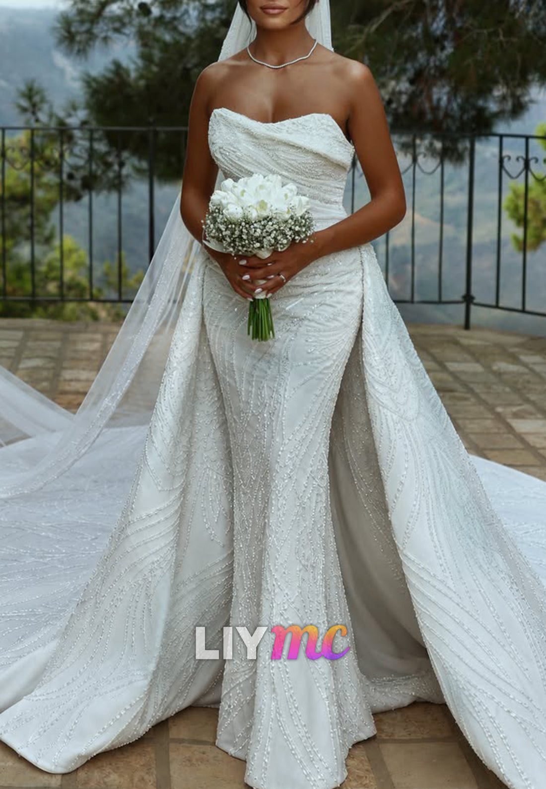 Strapless Beaded Mermaid Wedding Dress with Train