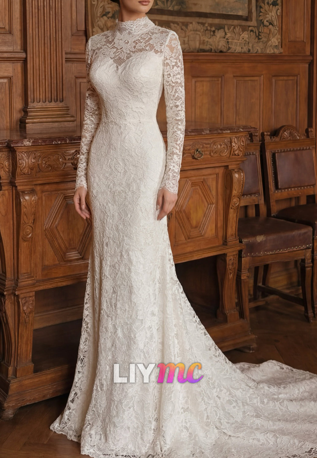 High Neck Long Sleeve Lace Wedding Dress