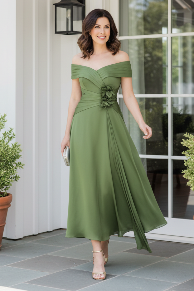 Off-the-Shoulder Pleated A-Line Midi Dress