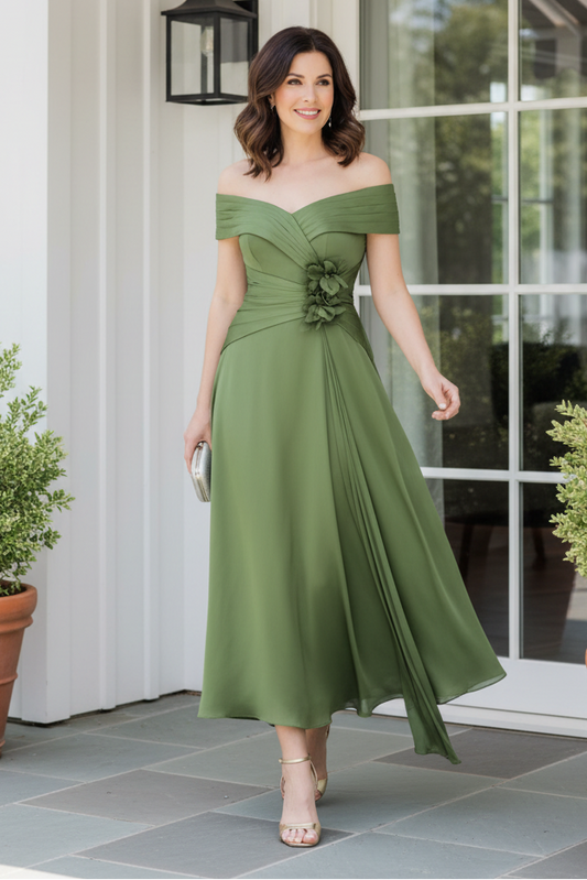 Off-the-Shoulder Pleated A-Line Midi Dress