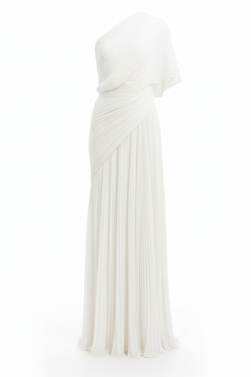 Pleated One-Shoulder Draped Maxi Evening Gown
