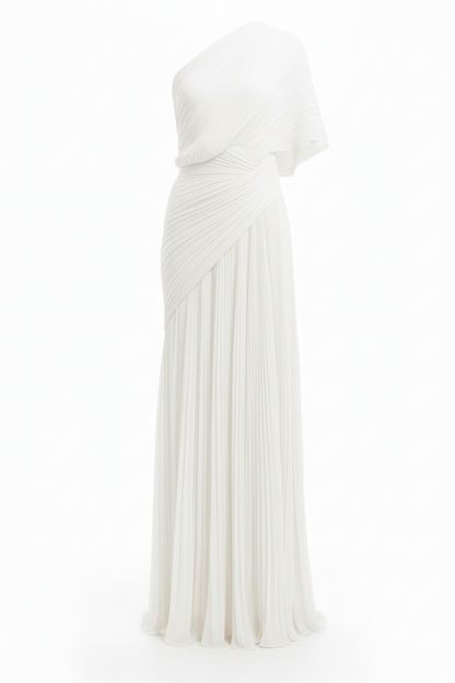 Pleated One-Shoulder Draped Maxi Evening Gown